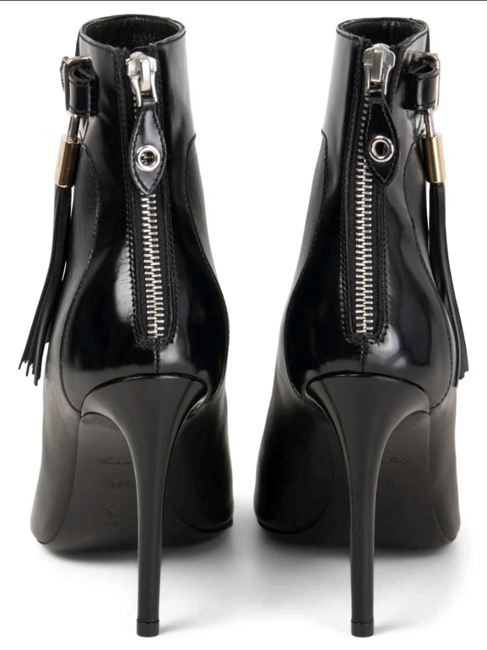 Louis Vuitton black leather peep-toe booties with tassels and zip closures